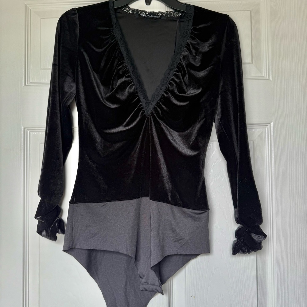 Zara black velvet bodysuit with lace trim
